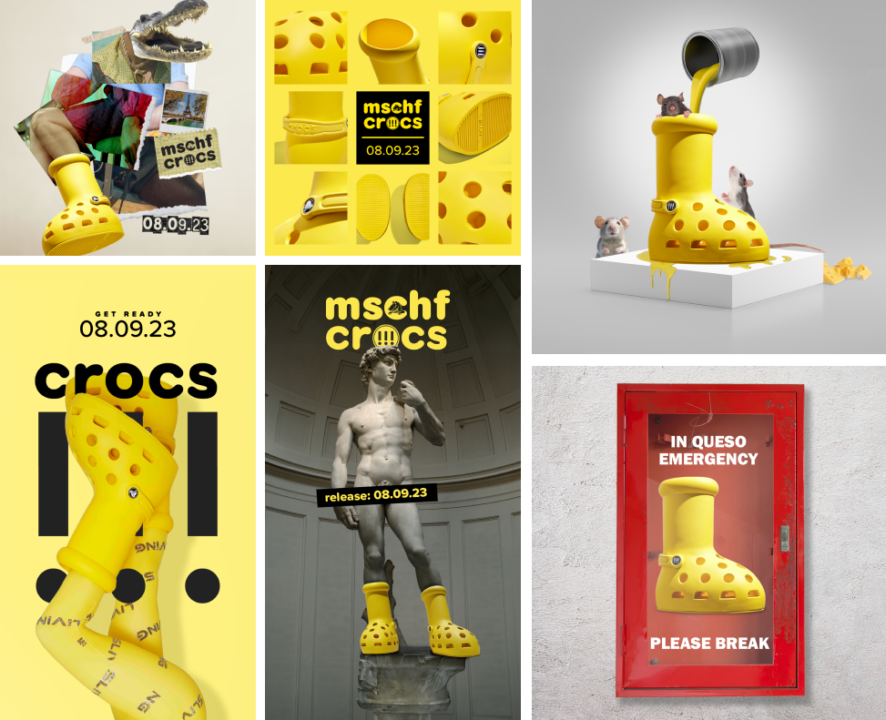 A grid of static ad images for the MSCHF x Crocs boot collaboration