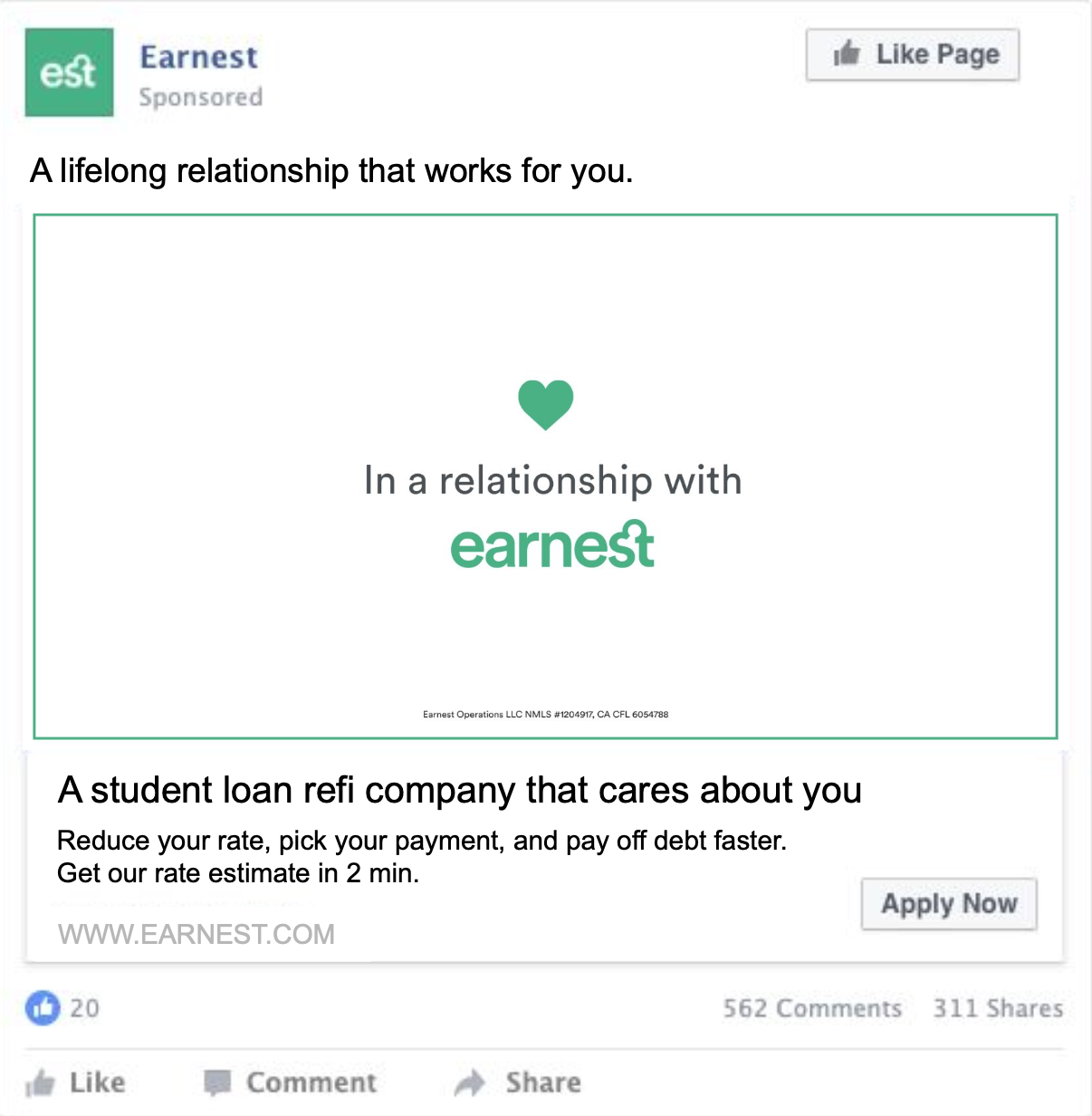 In a Relationship with Earnest Facebook MockUp